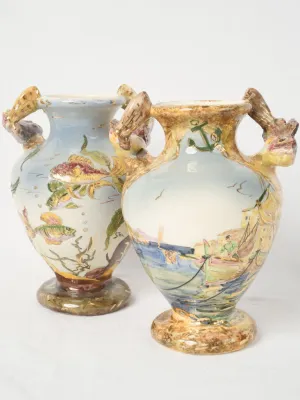Mid-20th Century Hand-Painted Vases from Monaco w/ Sculptural Fish Handles 11¾"