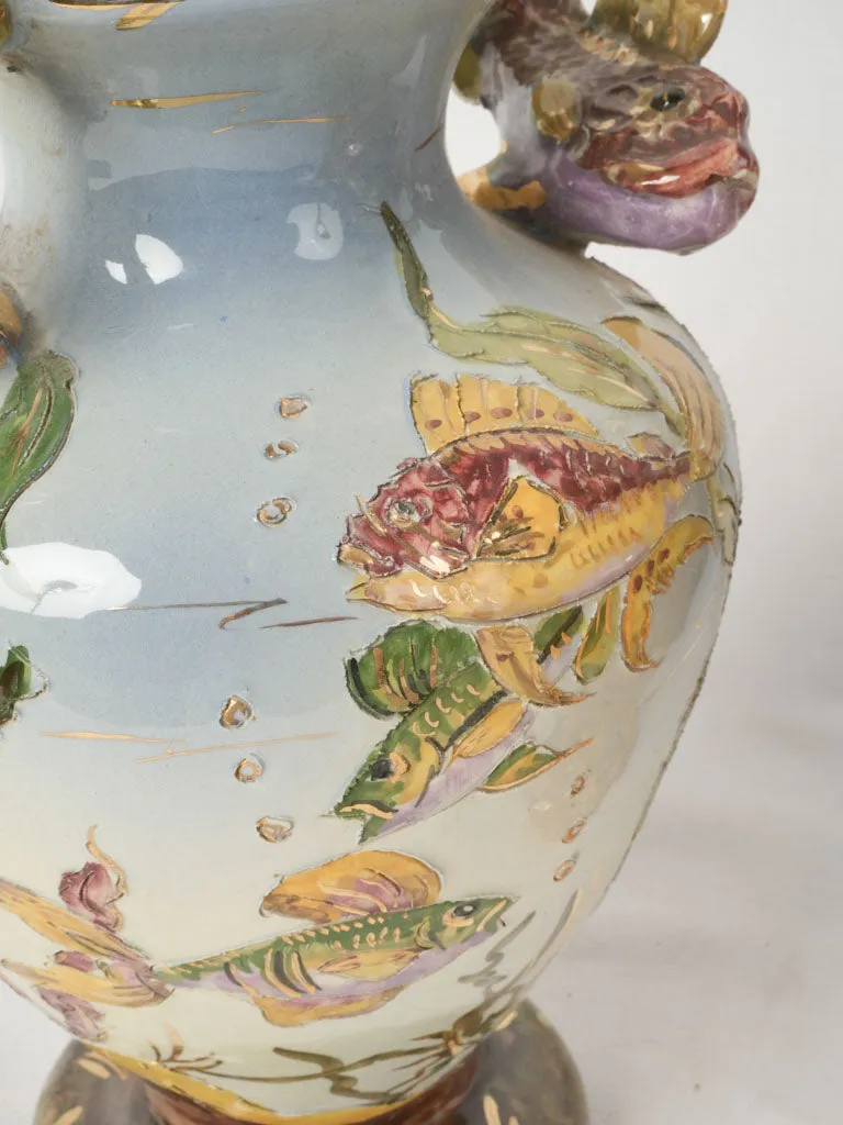 Mid-20th Century Hand-Painted Vases from Monaco w/ Sculptural Fish Handles 11¾"