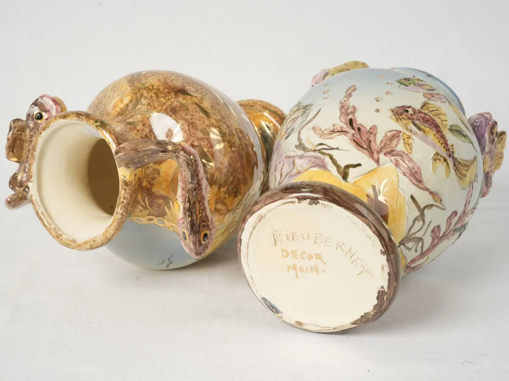 Mid-20th Century Hand-Painted Vases from Monaco w/ Sculptural Fish Handles 11¾"