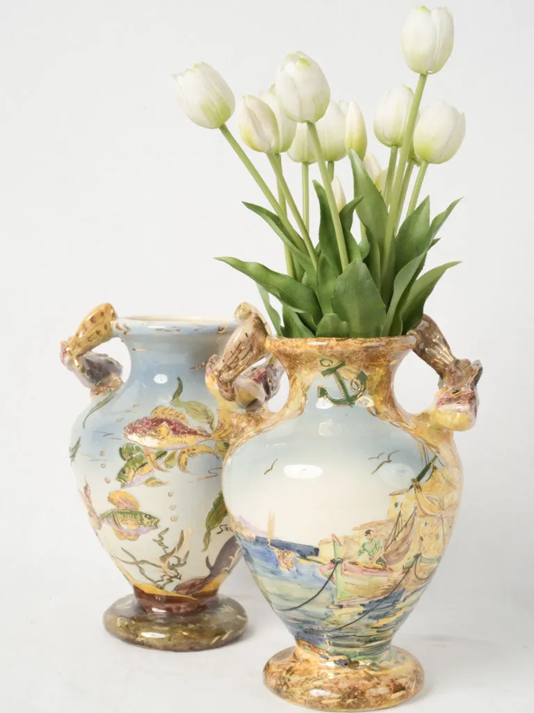 Mid-20th Century Hand-Painted Vases from Monaco w/ Sculptural Fish Handles 11¾"