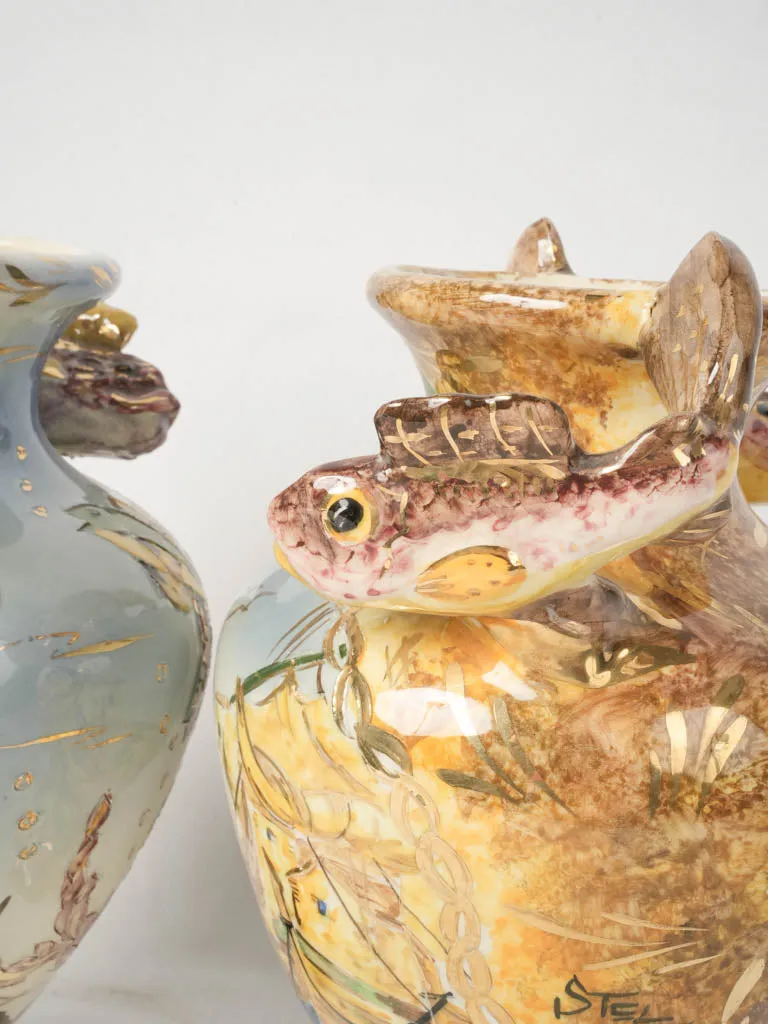 Mid-20th Century Hand-Painted Vases from Monaco w/ Sculptural Fish Handles 11¾"