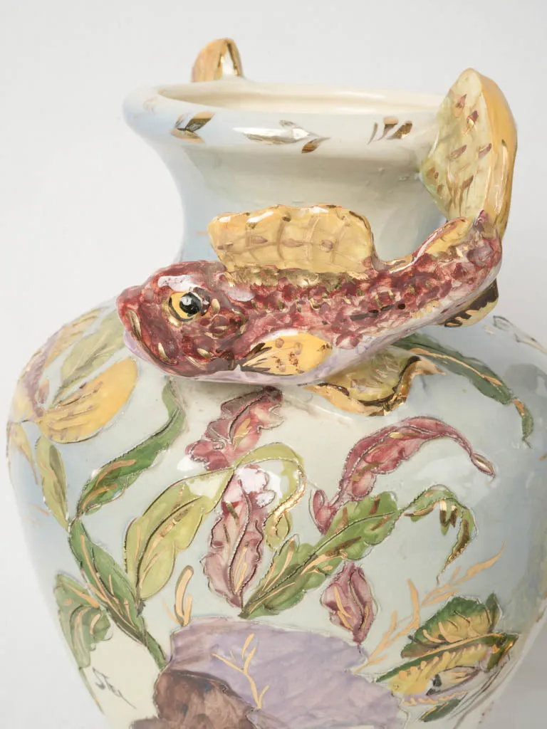 Mid-20th Century Hand-Painted Vases from Monaco w/ Sculptural Fish Handles 11¾"