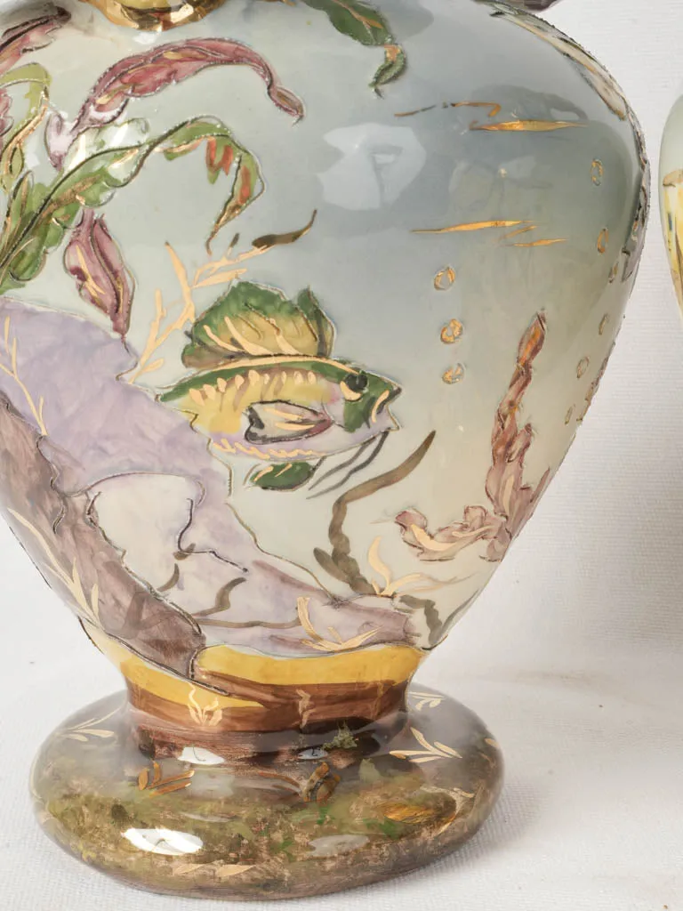 Mid-20th Century Hand-Painted Vases from Monaco w/ Sculptural Fish Handles 11¾"