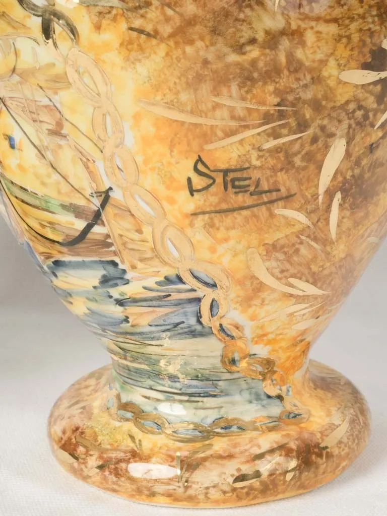 Mid-20th Century Hand-Painted Vases from Monaco w/ Sculptural Fish Handles 11¾"