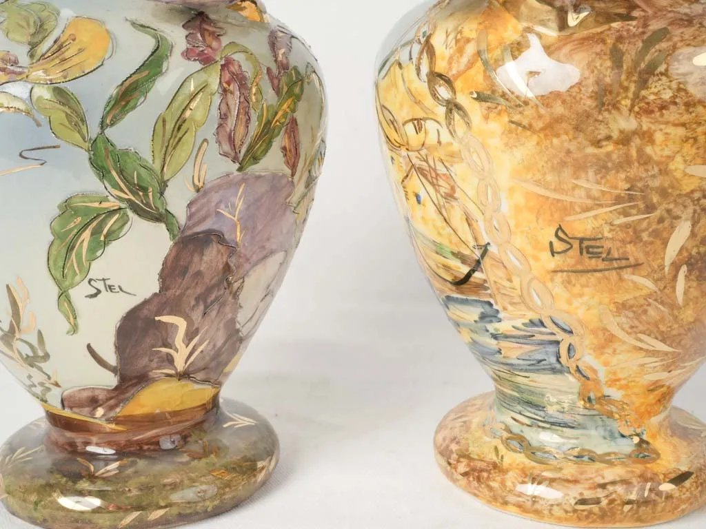 Mid-20th Century Hand-Painted Vases from Monaco w/ Sculptural Fish Handles 11¾"