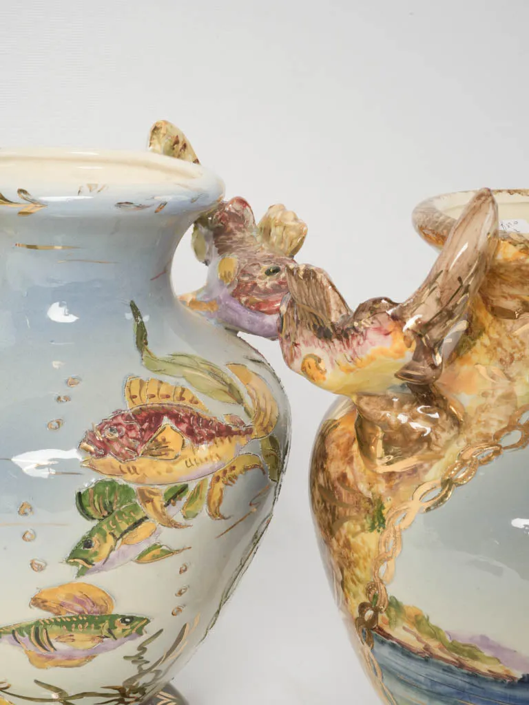 Mid-20th Century Hand-Painted Vases from Monaco w/ Sculptural Fish Handles 11¾"