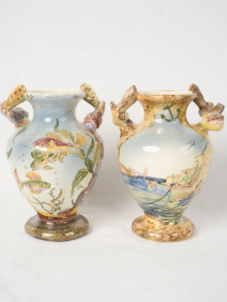 Mid-20th Century Hand-Painted Vases from Monaco w/ Sculptural Fish Handles 11¾"
