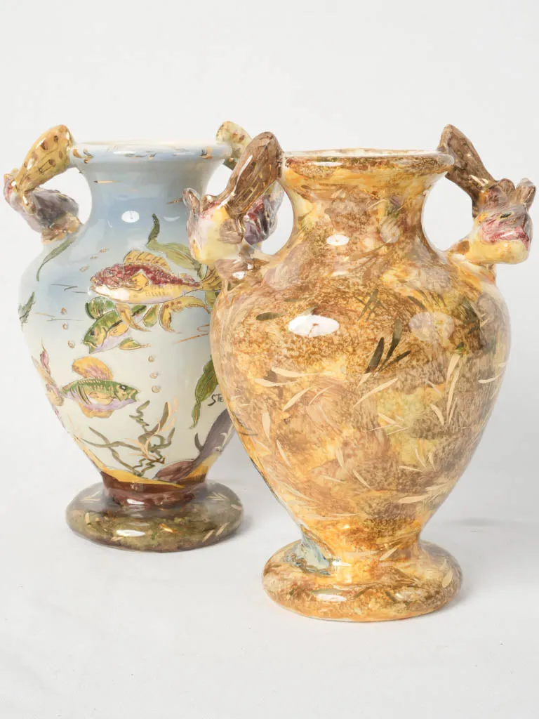 Mid-20th Century Hand-Painted Vases from Monaco w/ Sculptural Fish Handles 11¾"