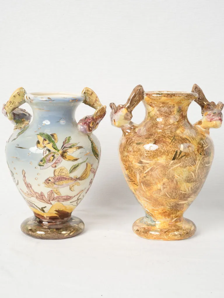 Mid-20th Century Hand-Painted Vases from Monaco w/ Sculptural Fish Handles 11¾"