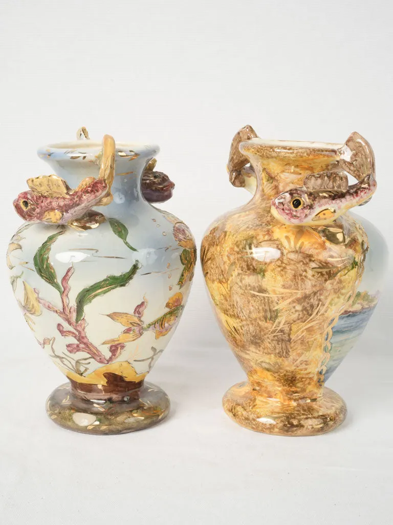 Mid-20th Century Hand-Painted Vases from Monaco w/ Sculptural Fish Handles 11¾"