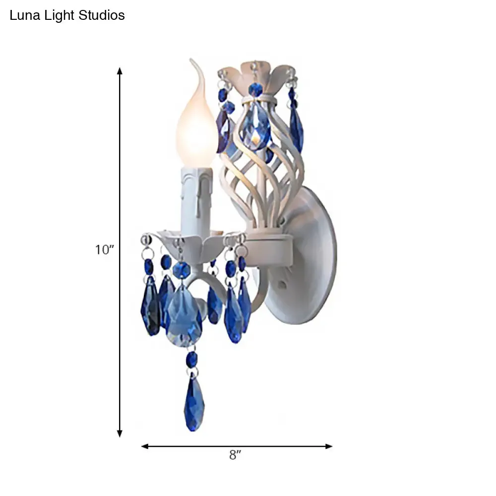 Modern Metal Wall Light with Exposed Bulb, White Lamp with Blue Crystal Draping