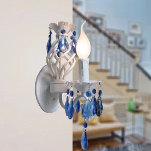 Modern Metal Wall Light with Exposed Bulb, White Lamp with Blue Crystal Draping