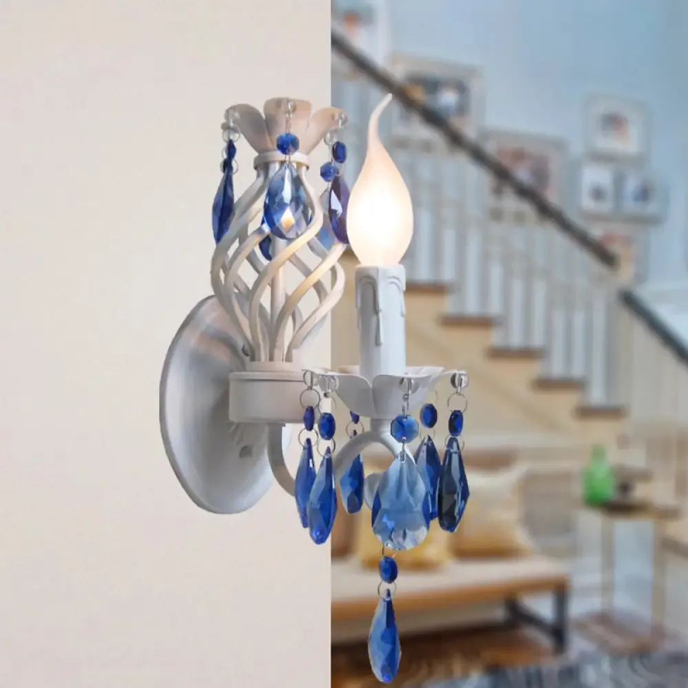 Modern Metal Wall Light with Exposed Bulb, White Lamp with Blue Crystal Draping