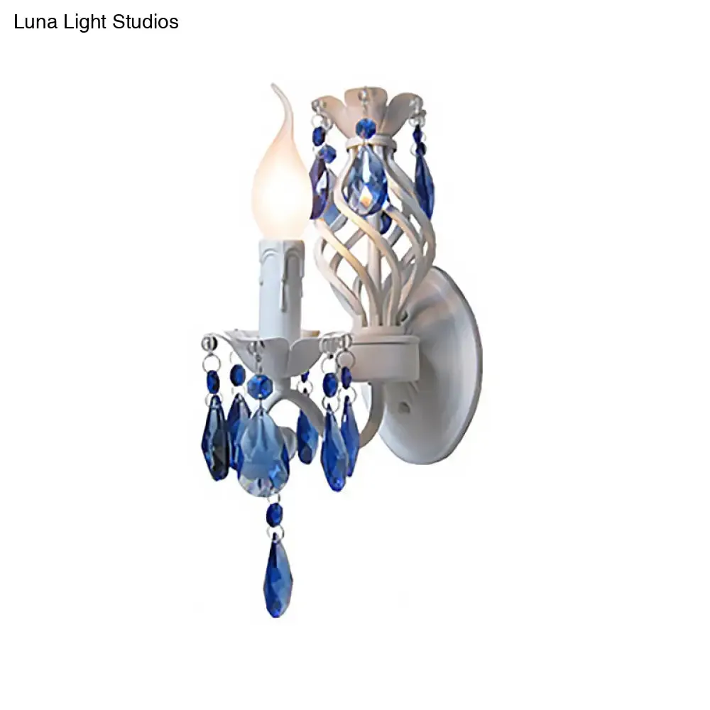 Modern Metal Wall Light with Exposed Bulb, White Lamp with Blue Crystal Draping