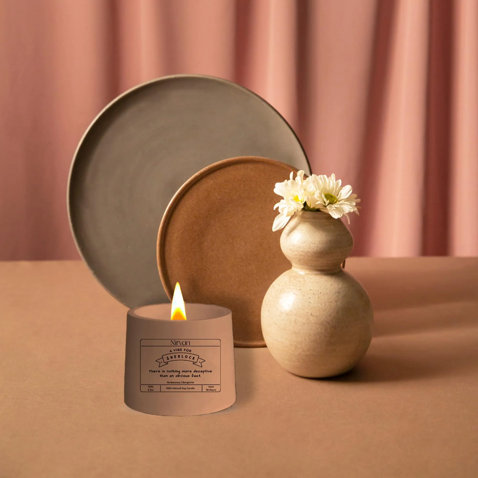 Nirvan Sherlock Scented Candle, Aromatic Fragrance of Herbaceous and Bergamot, 150gm of Soy Wax, Up to 32 Hours, Eco-Friendly Aesthetic Jar