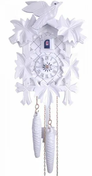 One Day Hand-Carved Cuckoo Clock painted all white, Five Maple Leaves, & One Bird