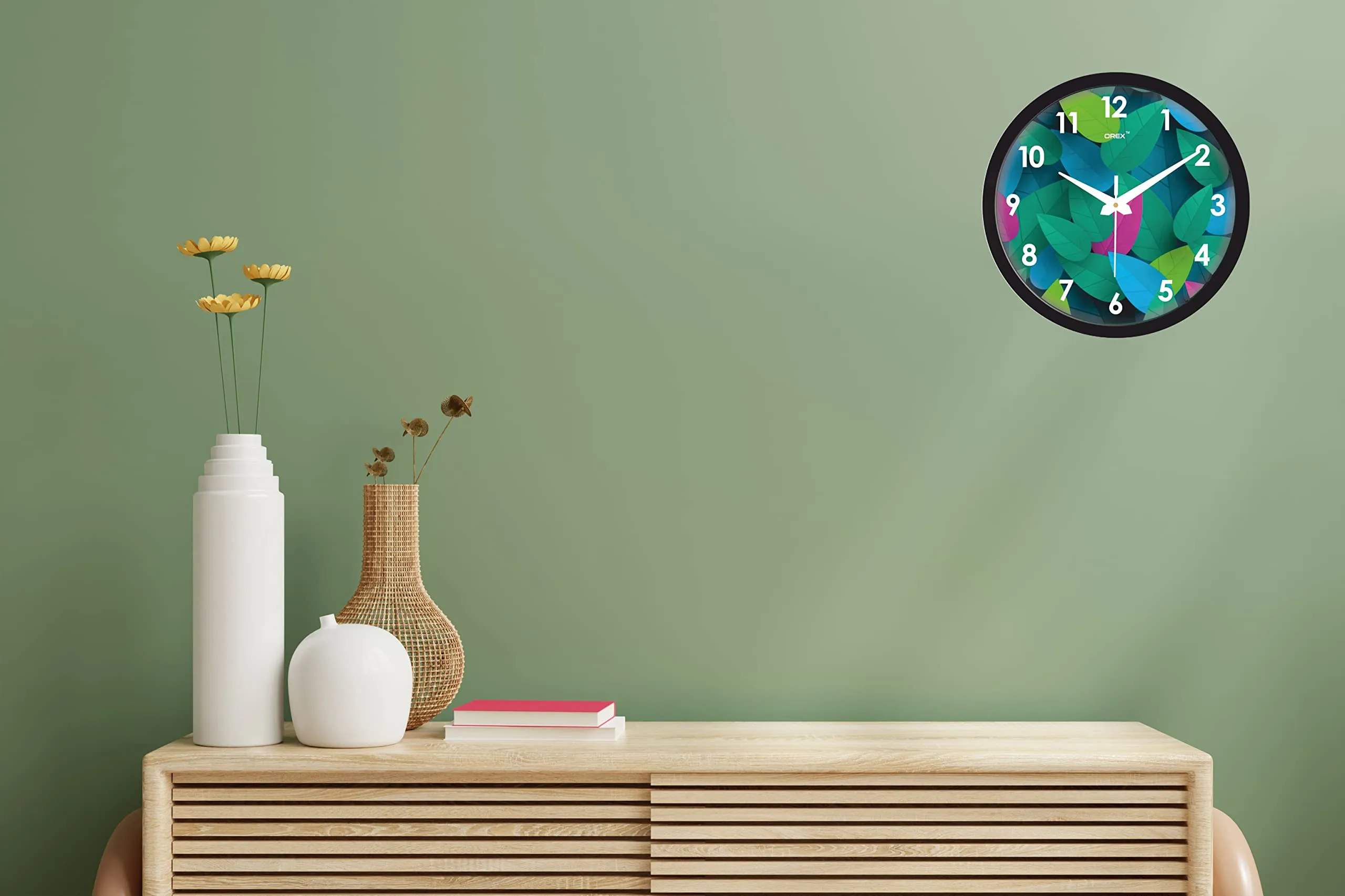 OREX Stylish Leaves Design Analog Wall Clock For Home/Living Room/Bedroom/Kitchen/Office/Kids Room (Black-003)(Plastic)
