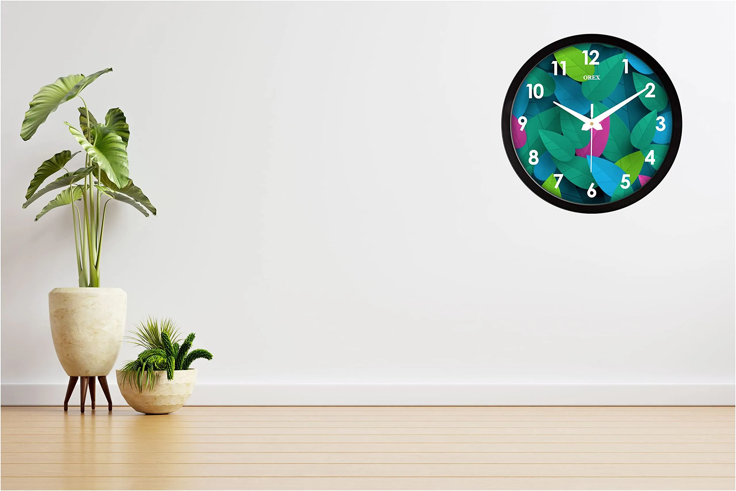OREX Stylish Leaves Design Analog Wall Clock For Home/Living Room/Bedroom/Kitchen/Office/Kids Room (Black-003)(Plastic)
