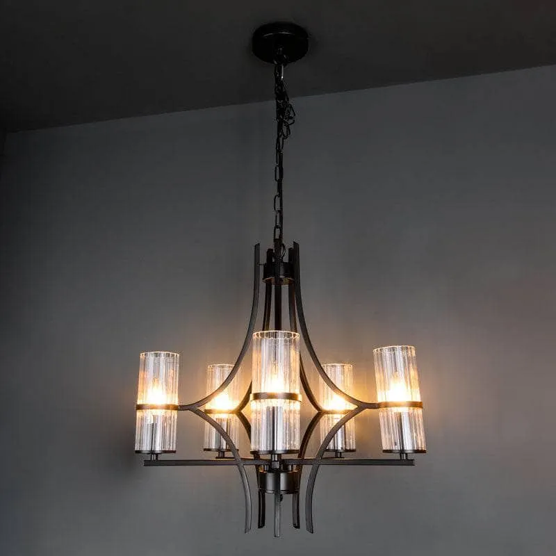 Rome 5 Light Matt Black & Ribbed Glass Pendant Light