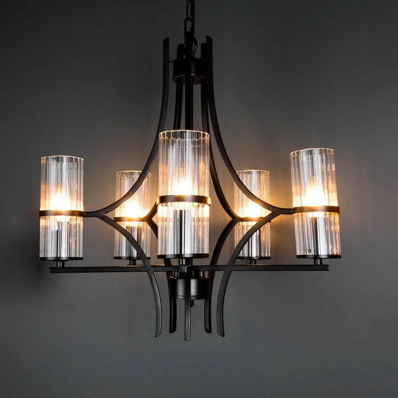 Rome 5 Light Matt Black & Ribbed Glass Pendant Light