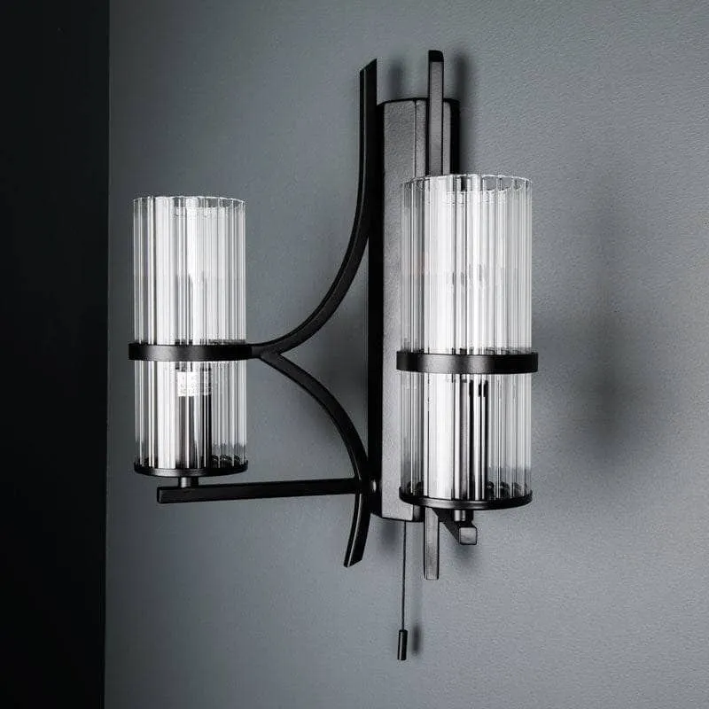 Rome Matt Black & Ribbed Glass Double Wall Light