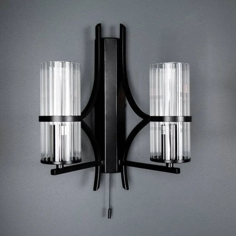 Rome Matt Black & Ribbed Glass Double Wall Light