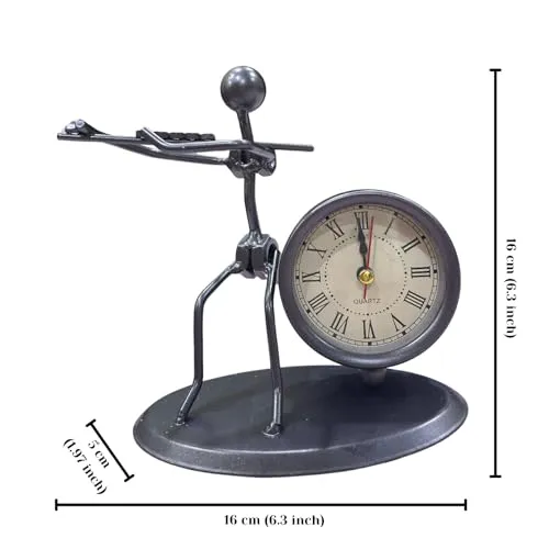 Rudra Kriti | Iron Figurine Table Clock - Minimalist Decor Clock with Flute Player Figurine - Unique Art Piece with Roman Numeral Face - 6.3 Inches Tall