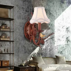 Rustic Flared Wall Light with Bird Decor for Restaurant - Vintage Fabric Fixture