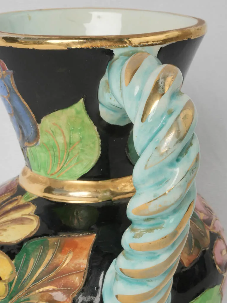 Striking Colorful Vase with Twisted Pale Blue Gilded Handles Signed Vallauris 1950 - 9"
