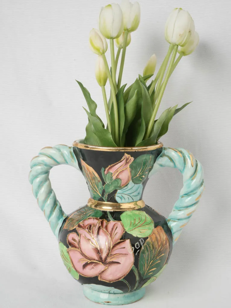 Striking Colorful Vase with Twisted Pale Blue Gilded Handles Signed Vallauris 1950 - 9"