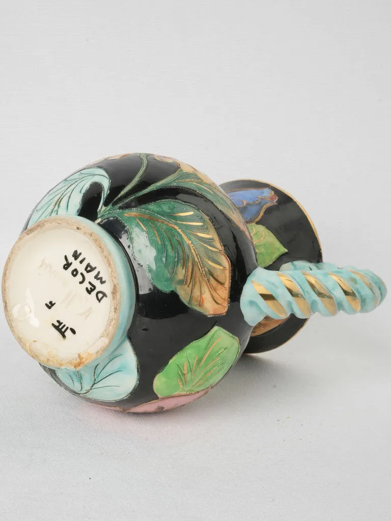 Striking Colorful Vase with Twisted Pale Blue Gilded Handles Signed Vallauris 1950 - 9"