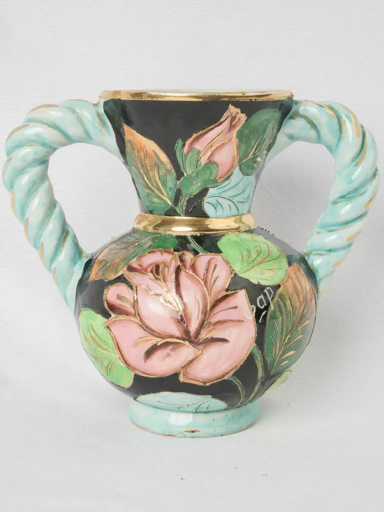 Striking Colorful Vase with Twisted Pale Blue Gilded Handles Signed Vallauris 1950 - 9"