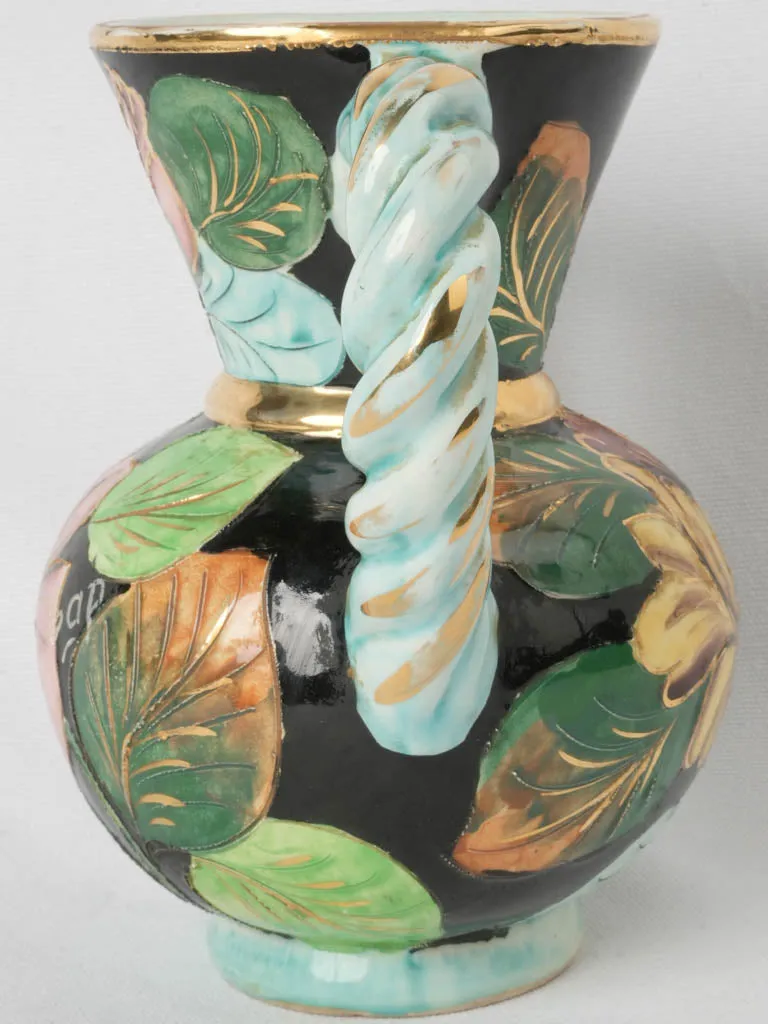 Striking Colorful Vase with Twisted Pale Blue Gilded Handles Signed Vallauris 1950 - 9"