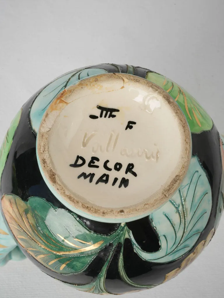 Striking Colorful Vase with Twisted Pale Blue Gilded Handles Signed Vallauris 1950 - 9"