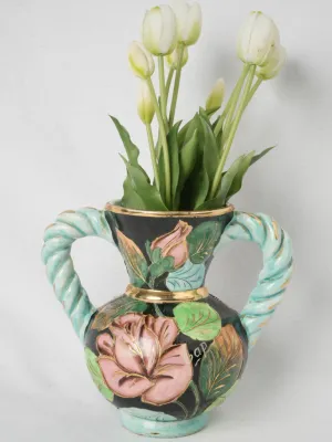 Striking Colorful Vase with Twisted Pale Blue Gilded Handles Signed Vallauris 1950 - 9"