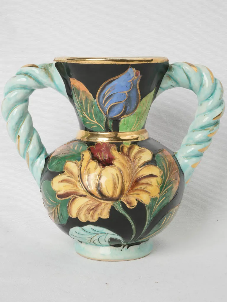 Striking Colorful Vase with Twisted Pale Blue Gilded Handles Signed Vallauris 1950 - 9"