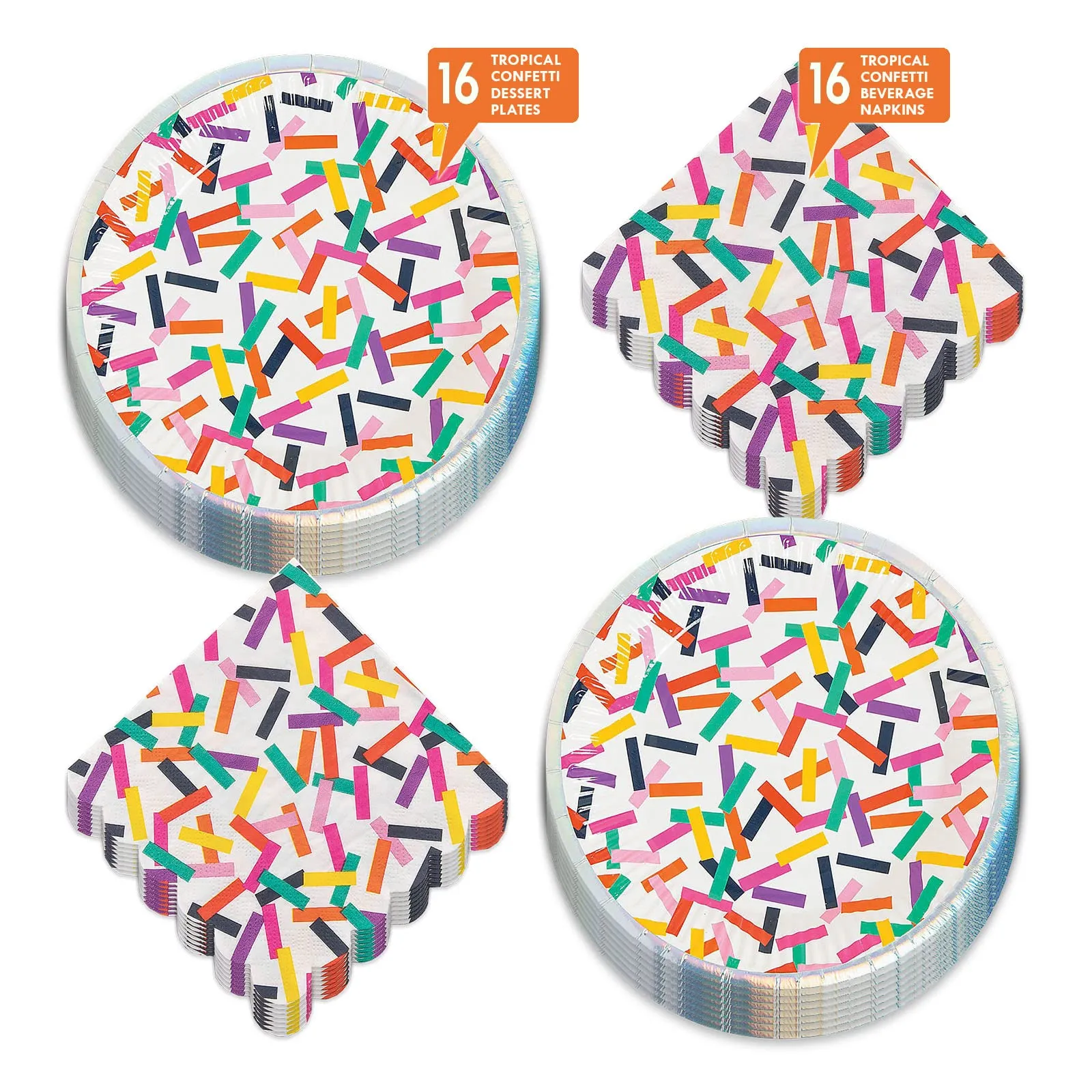 Tropical Confetti Paper Dessert Plates and Scalloped Beverage Napkins (Serves 16)
