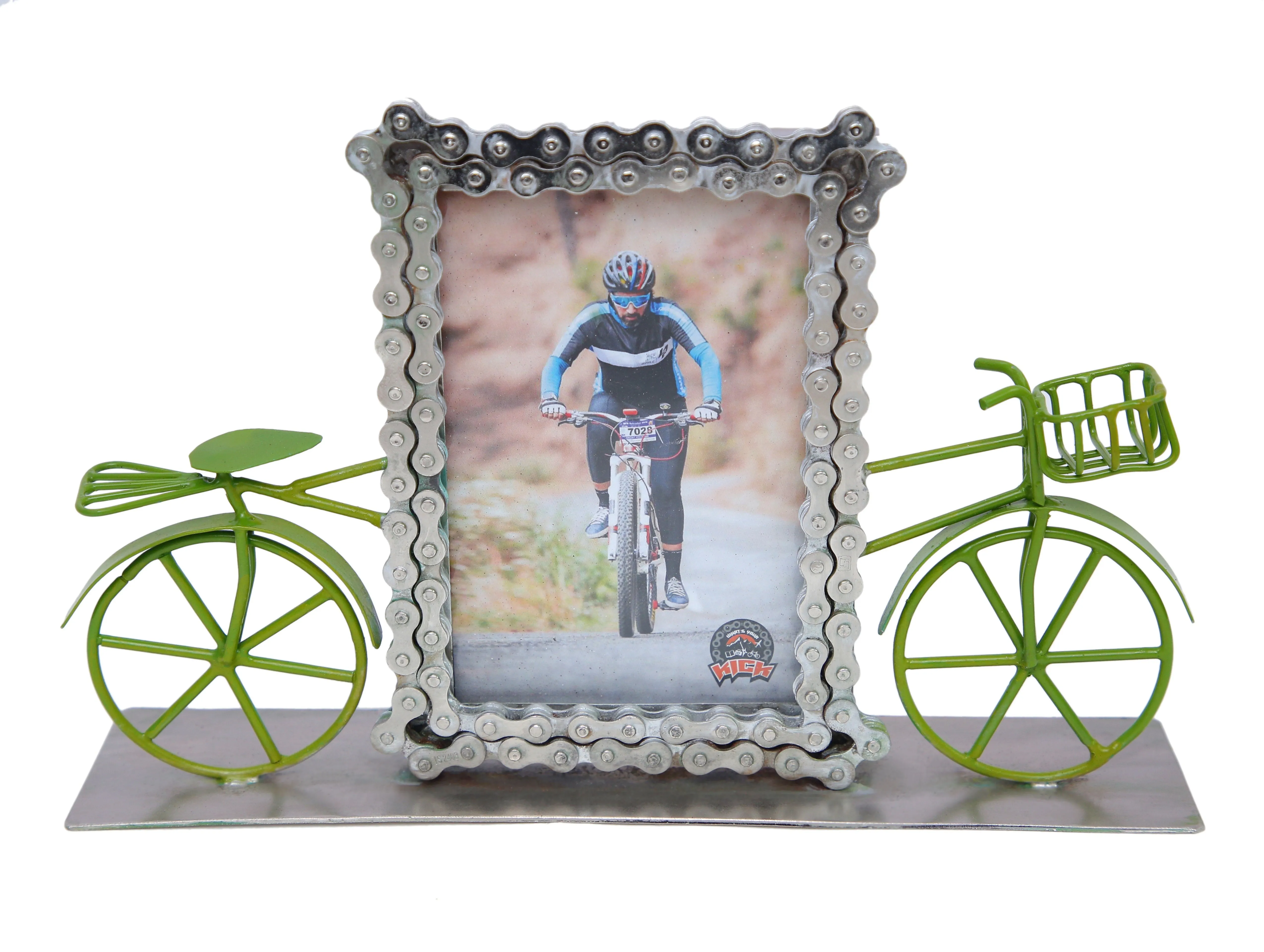 Upcycled Bike Chain Photo Frame With Cycle Basil Green With Silver Plating