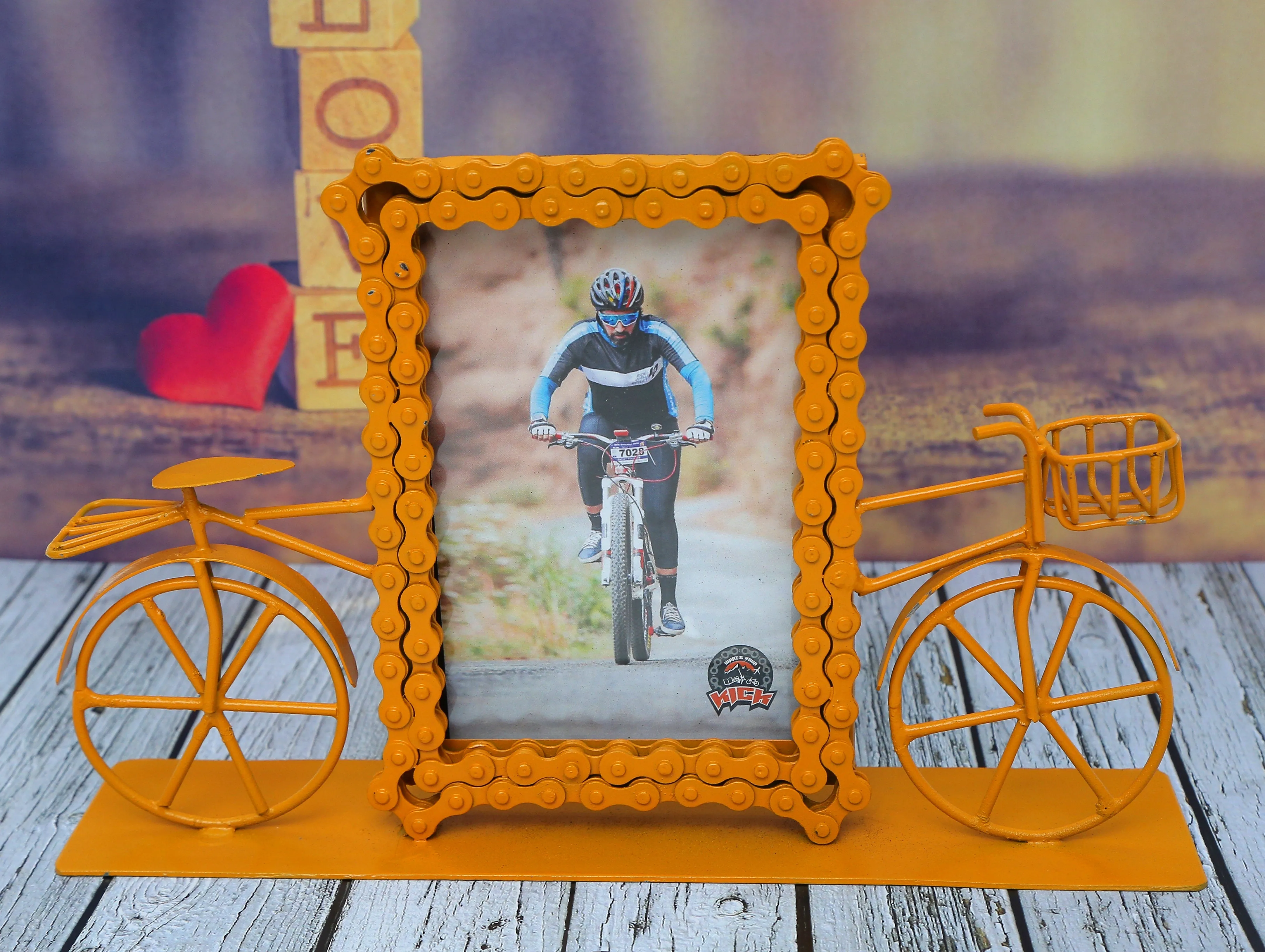 Upcycled Bike Chain Photo Frame With Cycle Bumblebee Yellow Finish
