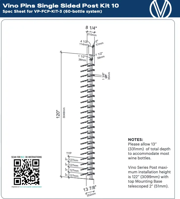 Vino Series Pins Floating Wine Rack Frame Kit, Single Sided Floor-to-Ceiling (60 bottles - Triple Depth)
