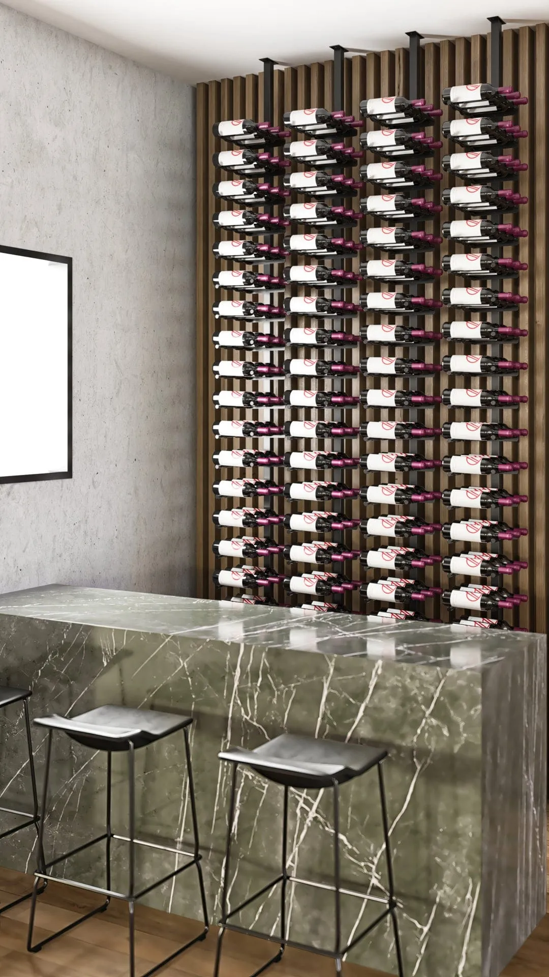 Vino Series Pins Floating Wine Rack Frame Kit, Single Sided Floor-to-Ceiling (60 bottles - Triple Depth)
