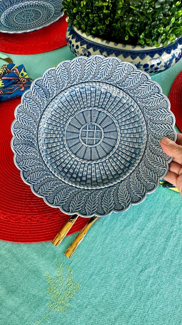 Vintage Dinner Plates, Bordallo Pinheiro, Blue Basket Weave Pattern, Set of 3, Portugal