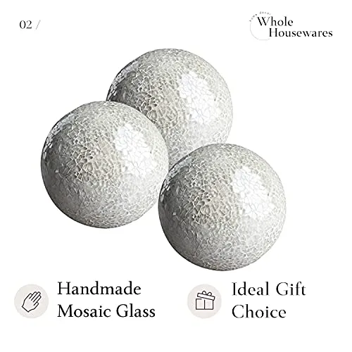 Whole Housewares Set of 3 Decorative Glass Mosaic Balls 4 White Orbs for Bowls