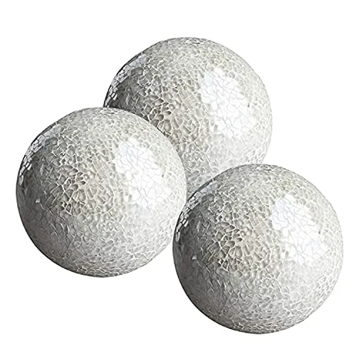 Whole Housewares Set of 3 Decorative Glass Mosaic Balls 4 White Orbs for Bowls