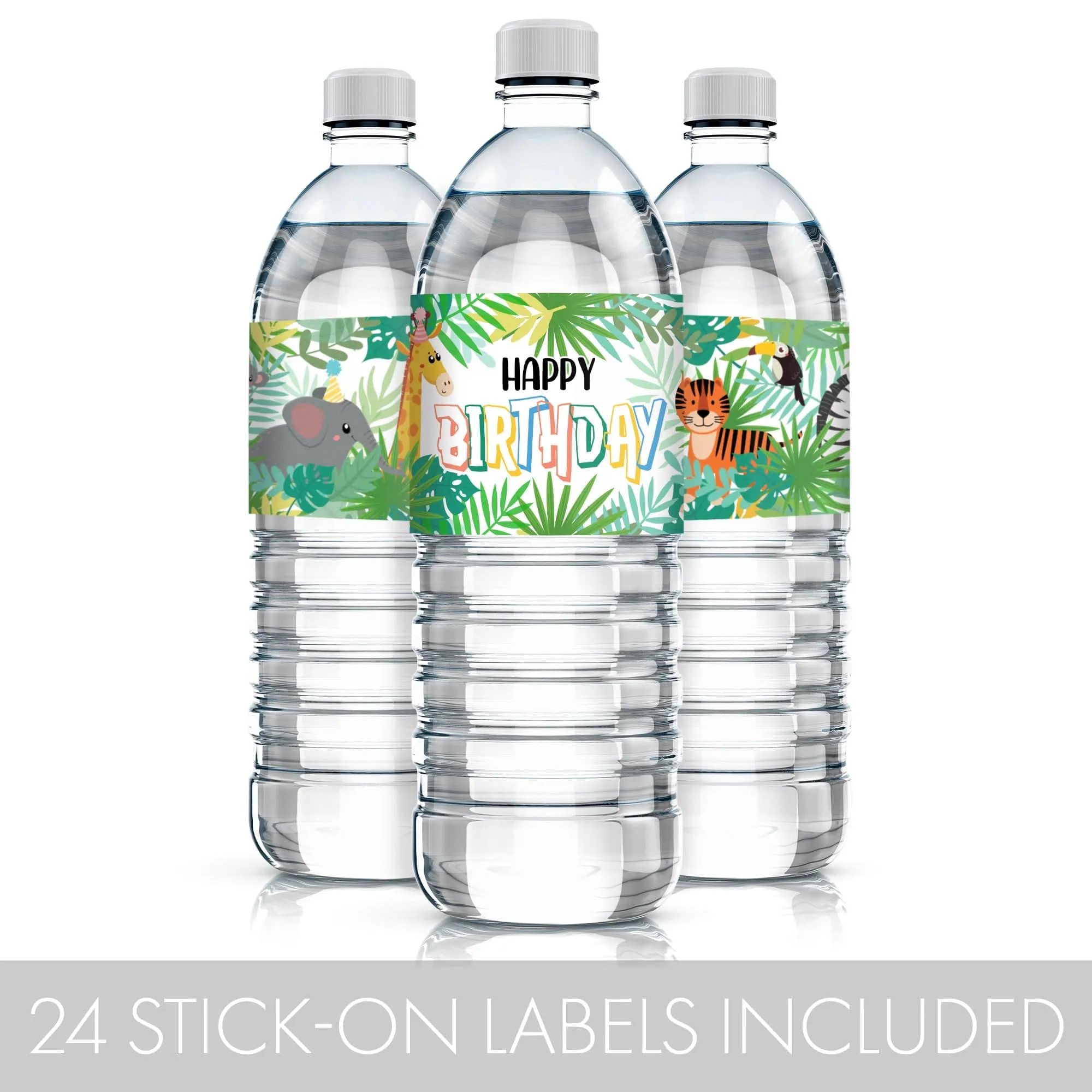 Wild Jungle: Kid's Birthday  - Water Bottle Labels - Party Animals - 24 Waterproof Stickers