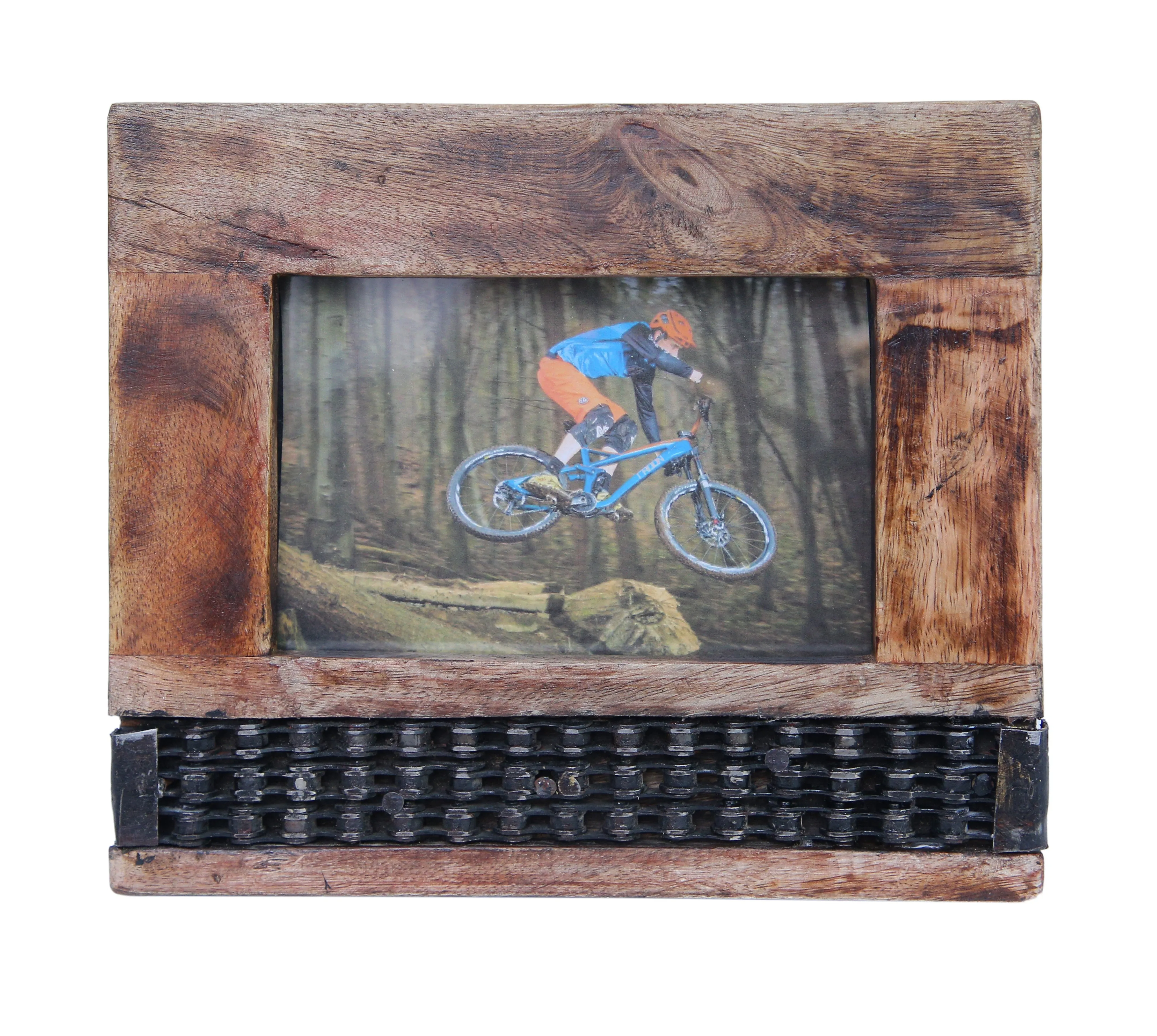 Wooden Photo Frame With Inlaid Upcycled Bike Chain (Three Layers)